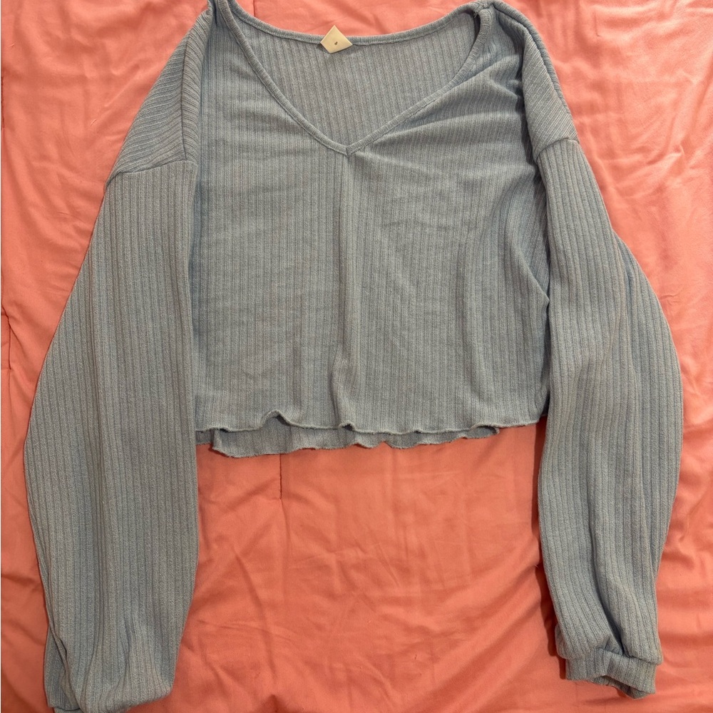 Women's Blue V-Neck Ribbed Top